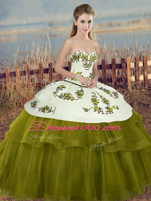 Noble Olive Green Quince Ball Gowns Military Ball and Sweet 16 and Quinceanera with Embroidery and Bowknot Sweetheart Sleeveless Lace Up