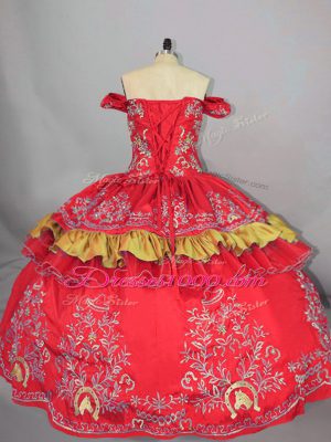 Traditional Red Sleeveless Embroidery Floor Length Vestidos de Quinceanera