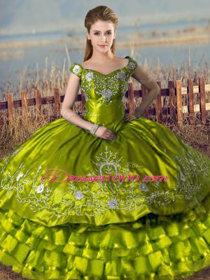 Cute Embroidery and Ruffled Layers Sweet 16 Quinceanera Dress Olive Green Lace Up Sleeveless Floor Length