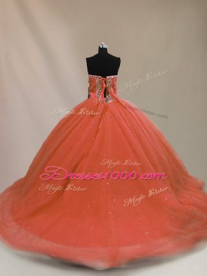 Spectacular Orange Sweetheart Lace Up Beading Quince Ball Gowns Brush Train Sleeveless