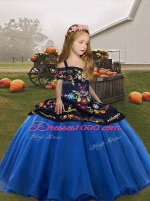 Custom Design Straps Sleeveless Lace Up Little Girl Pageant Dress Blue Organza