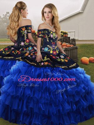 Ideal Blue And Black Two Pieces Off The Shoulder Sleeveless Organza Floor Length Lace Up Embroidery and Ruffled Layers Quinceanera Dresses