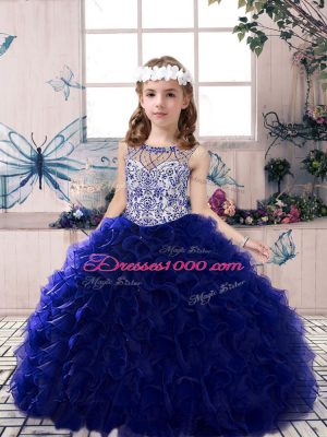 Royal Blue Sleeveless Beading and Ruffles Floor Length Pageant Gowns For Girls