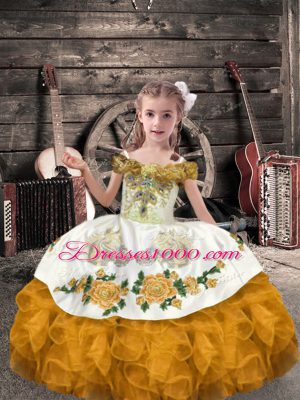 Top Selling Gold Sleeveless Organza Lace Up Little Girls Pageant Dress for Wedding Party