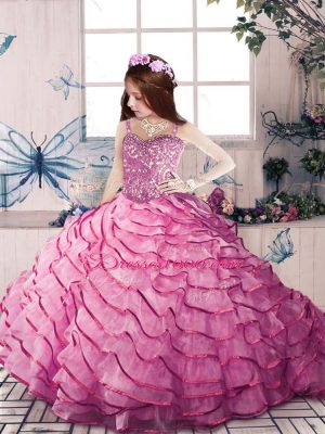 Beautiful Pink Organza Lace Up Straps Sleeveless Pageant Dress Womens Court Train Beading and Ruffled Layers
