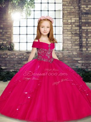 Fuchsia Lace Up Straps Beading Little Girl Pageant Gowns Sleeveless