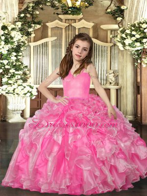 Gorgeous Rose Pink Ball Gowns Ruffles Little Girls Pageant Dress Wholesale Lace Up Organza Sleeveless Floor Length