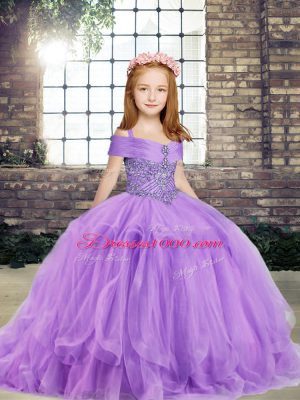 Lavender Sleeveless Floor Length Beading Lace Up Party Dress Wholesale