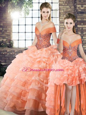 Peach Lace Up Off The Shoulder Beading and Ruffled Layers 15 Quinceanera Dress Organza Sleeveless Brush Train