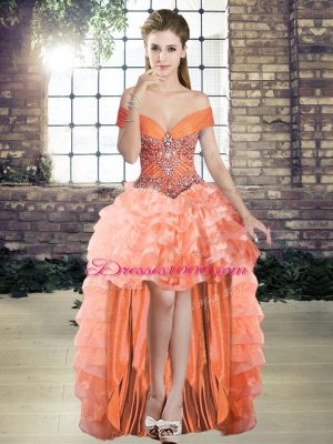 Peach Lace Up Off The Shoulder Beading and Ruffled Layers 15 Quinceanera Dress Organza Sleeveless Brush Train