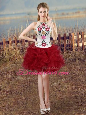 Glittering White And Red Sleeveless Embroidery and Ruffles Mini Length Custom Made