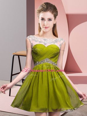 Classical Scoop Sleeveless Prom Dresses Mini Length Beading and Ruching Olive Green Chiffon