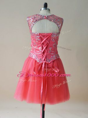 New Style Coral Red A-line Tulle Scoop Sleeveless Beading Mini Length Lace Up Casual Dresses