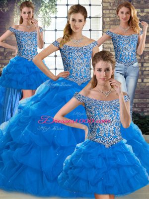 Excellent Blue Off The Shoulder Lace Up Beading and Pick Ups Quince Ball Gowns Brush Train Sleeveless