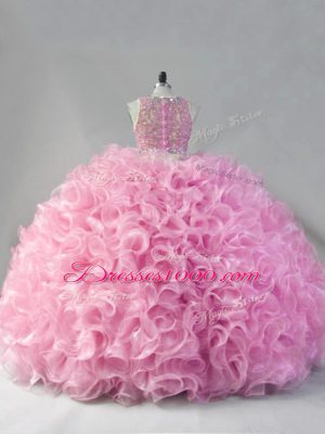 Attractive Pink Scoop Zipper Beading 15 Quinceanera Dress Sleeveless