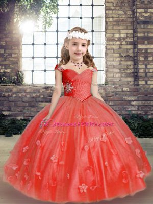Exquisite Coral Red Sleeveless Beading and Hand Made Flower Lace Up Kids Pageant Dress