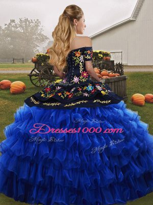 Discount Black And Purple Ball Gowns Organza Off The Shoulder Sleeveless Embroidery and Ruffled Layers Floor Length Lace Up Quinceanera Gowns