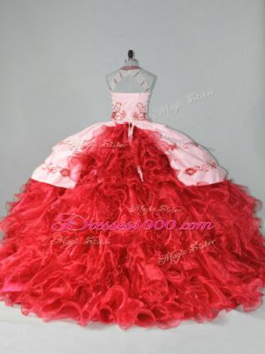 Fantastic Sleeveless Embroidery and Ruffles Lace Up 15th Birthday Dress with Red Court Train