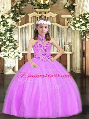 Adorable Lilac Tulle Lace Up Halter Top Sleeveless Floor Length Little Girls Pageant Dress Appliques