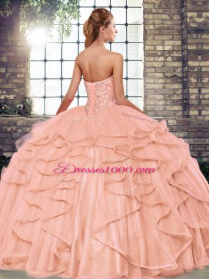 Tulle Sweetheart Sleeveless Lace Up Beading and Ruffles Quince Ball Gowns in Fuchsia