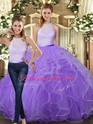 Customized Floor Length Lavender Vestidos de Quinceanera High-neck Sleeveless Backless