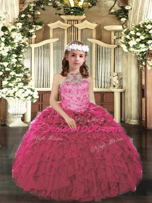 Hot Pink Ball Gowns Beading and Ruffles Child Pageant Dress Lace Up Tulle Sleeveless Floor Length