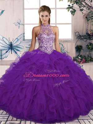 Tulle Halter Top Sleeveless Lace Up Beading and Ruffles Quinceanera Dresses in Purple