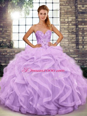 Romantic Lavender Lace Up Sweetheart Beading and Ruffles Sweet 16 Dress Tulle Sleeveless