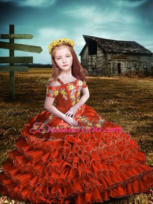 Orange Red Short Sleeves Organza Lace Up Little Girl Pageant Dress for Wedding Party