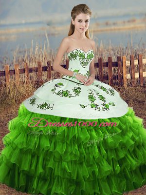 Superior Green Organza Lace Up Sweetheart Sleeveless Floor Length Vestidos de Quinceanera Embroidery and Ruffled Layers and Bowknot