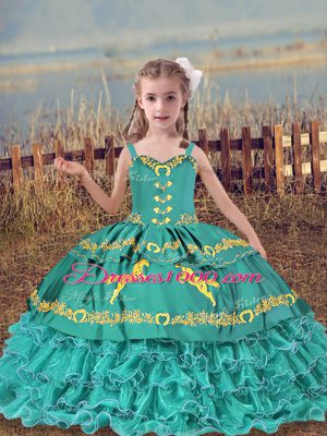 Floor Length Teal Teens Party Dress Organza Sleeveless Beading and Embroidery and Ruffled Layers