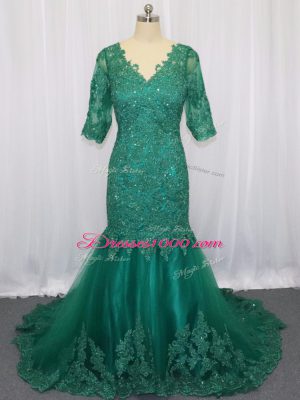 Beauteous Half Sleeves Brush Train Lace and Appliques Lace Up Prom Dresses