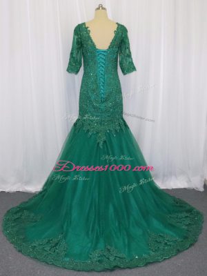 Beauteous Half Sleeves Brush Train Lace and Appliques Lace Up Prom Dresses