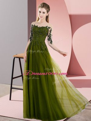 Hot Selling Olive Green Chiffon Lace Up Bridesmaid Dress Half Sleeves Floor Length Beading and Lace