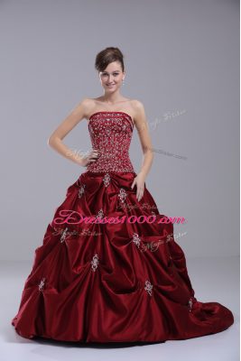 Cheap Lace Up Quinceanera Gown Wine Red for Sweet 16 and Quinceanera with Embroidery and Pick Ups Brush Train