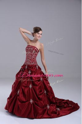 Cheap Lace Up Quinceanera Gown Wine Red for Sweet 16 and Quinceanera with Embroidery and Pick Ups Brush Train