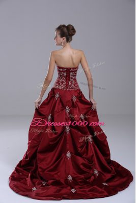 Cheap Lace Up Quinceanera Gown Wine Red for Sweet 16 and Quinceanera with Embroidery and Pick Ups Brush Train