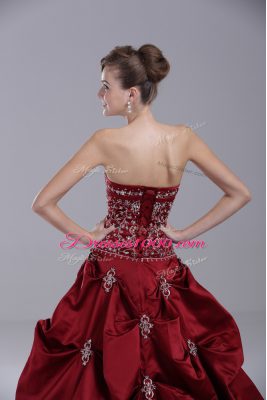 Cheap Lace Up Quinceanera Gown Wine Red for Sweet 16 and Quinceanera with Embroidery and Pick Ups Brush Train
