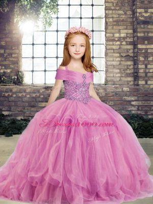 Lilac Tulle Lace Up Straps Sleeveless Floor Length Kids Pageant Dress Beading