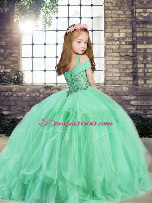 Lilac Tulle Lace Up Straps Sleeveless Floor Length Kids Pageant Dress Beading