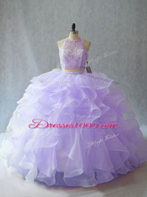 Noble Lavender Ball Gowns Organza Halter Top Sleeveless Beading and Ruffles Backless Sweet 16 Quinceanera Dress Brush Train