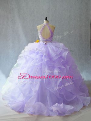 Noble Lavender Ball Gowns Organza Halter Top Sleeveless Beading and Ruffles Backless Sweet 16 Quinceanera Dress Brush Train