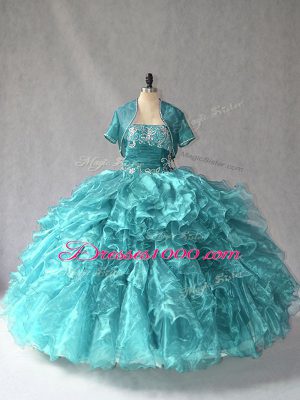 Affordable Sleeveless Organza Floor Length Lace Up 15 Quinceanera Dress in Turquoise with Beading