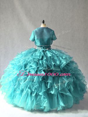 Affordable Sleeveless Organza Floor Length Lace Up 15 Quinceanera Dress in Turquoise with Beading