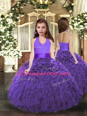 Modest Tulle Halter Top Sleeveless Lace Up Ruffles Vestidos de Quinceanera in Purple