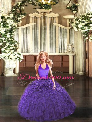 Modest Tulle Halter Top Sleeveless Lace Up Ruffles Vestidos de Quinceanera in Purple