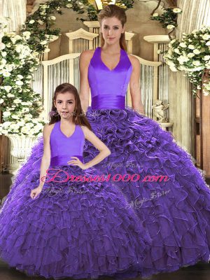 Modest Tulle Halter Top Sleeveless Lace Up Ruffles Vestidos de Quinceanera in Purple