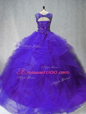 Great Purple Ball Gowns Scoop Sleeveless Tulle Brush Train Lace Up Beading and Ruffles 15 Quinceanera Dress