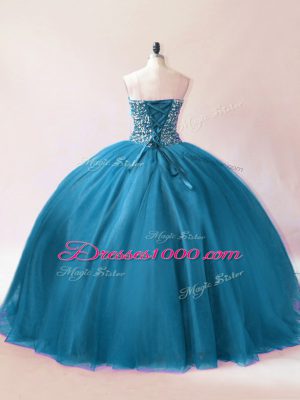 Noble Teal Sleeveless Tulle Lace Up 15 Quinceanera Dress for Sweet 16 and Quinceanera