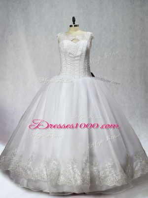 Organza Scoop Sleeveless Lace Up Beading and Appliques 15th Birthday Dress in White